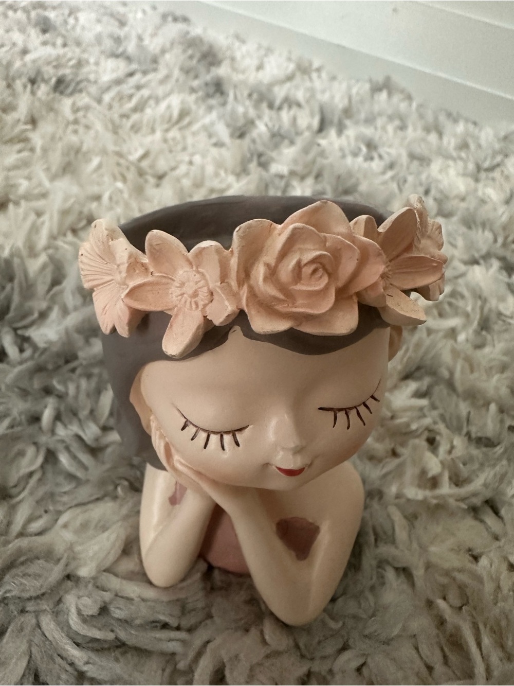 Cute Girl Face Head Planter – Resin Succulent Flower Pot with Flower Crown - Picture 3 of 4